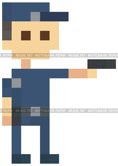Pixel police man with pistol. Officer stands in blue uniform. Pixel game character with weapons on white background. Pixelated policeman holding handgun, cop fights criminals, security male hero. Pixel police man with pistol. Officer stands in blue uniform. Pixel game character with weapons. Стоковая иллюстрация, агентство Ingram Publishing / Фотобанк Лори