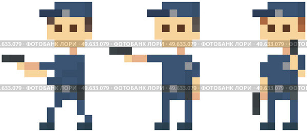 Pixel policemen with pistol. Officers in blue uniform preparing to attack. Pixel game characters stand with weapons on white background. Pixelated group of cops holding handgun, fight criminals. Pixel policemen with pistol. Officers in blue uniform. Pixelated group of cops holding handgun. Стоковая иллюстрация, агентство Ingram Publishing / Фотобанк Лори