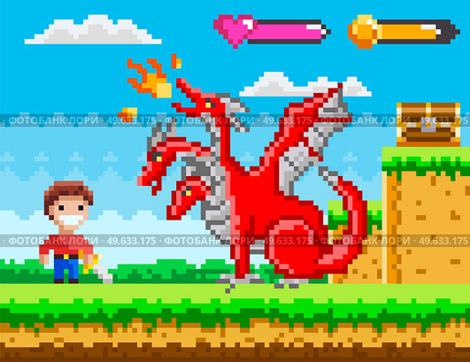 Pixelated natural landscape with brave man holding shield and sword fighting against red three-headed dragon. Cartoon pixel-game person to use in computer game. Minimalistic pixel warrior with weapons. Pixelated natural landscape with man warrior holding shield and sword fighting against red dragon. Стоковая иллюстрация, агентство Ingram Publishing / Фотобанк Лори