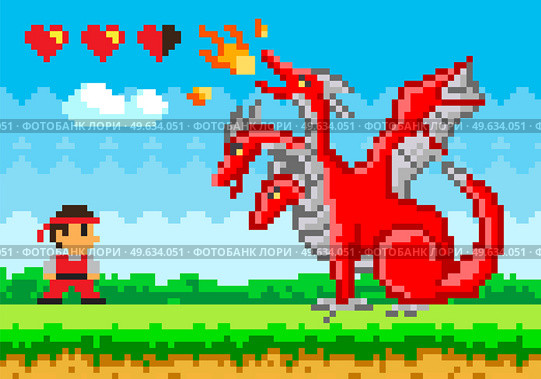 Pixelated natural landscape with ninja brave warrior fighting against red three-headed dragon. Cartoon pixel-game person to use in computer game with life bar. Pixel character battling with dinosaur. Pixelated natural landscape with ninja brave warrior fighting against red three-headed dragon. Стоковая иллюстрация, агентство Ingram Publishing / Фотобанк Лори