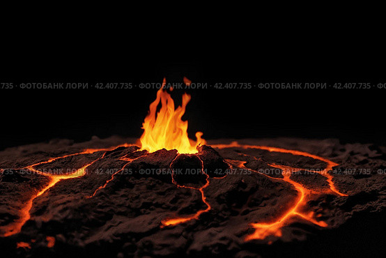 Пламя огня извергается из земли, лава вулкана, на черном фоне. Стоковое AI-изображение, AI-художник Vladimir Vikhrov / Фотобанк Лори