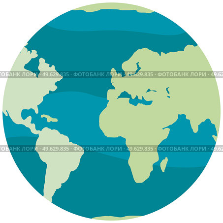Planet isolated on white background. Land with green continents and blue waters. World globe vector illustration. Earth with image of territories separated by World ocean. Save planet concept. Planet isolated on white background. Land with continents and World ocean vector illustration. Стоковая иллюстрация, агентство Ingram Publishing / Фотобанк Лори