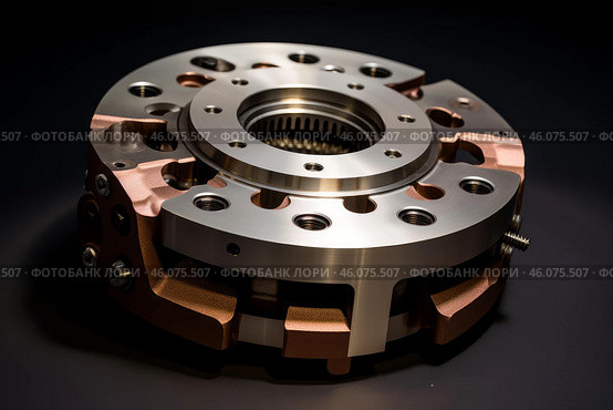 Planetary gearbox showing gears and copper and steel components on a dark background. Стоковое AI-изображение, AI-художник Иван Рябоконь / Фотобанк Лори