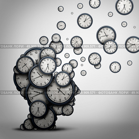 Planning time business concept or wasting minutes as a group of timepieces or clocks shaped as a human head as a health symbol for psychology or scheduling pressure and dementia or loss and aging as a 3D illustration. Стоковое фото, агентство Ingram Publishing / Фотобанк Лори