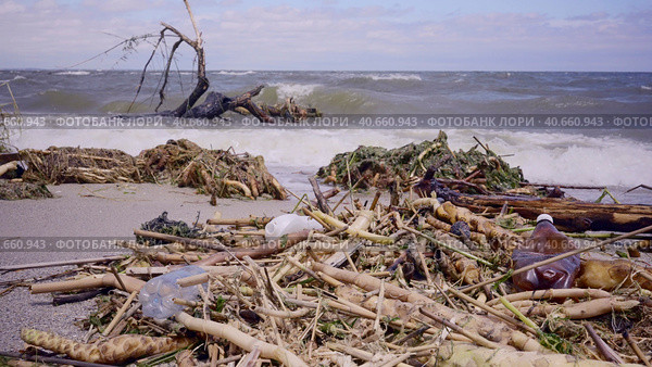 Plastic and other drifting debris has reached Black Sea beaches in Odessa, Ukraine. Environmental disaster caused by the explosion of Kakhovka Hydroelectric Power Plant dam, Close-up. Стоковое фото, фотограф Некрасов Андрей / Фотобанк Лори