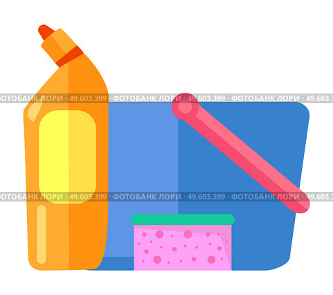 Plastic blue bucket, bottle with toilet cleaner, sponge. Equipment or tools for cleaning, washing. House, office or hotel cleaning service. Housekeeping concept. Isolated cartoon vector icons. Plastic blue bucket, bottle with toilet cleaner, sponge, equipment or tools for cleaning, washing. Стоковая иллюстрация, агентство Ingram Publishing / Фотобанк Лори