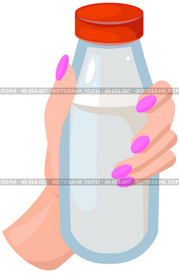 Plastic bottle with red cap with milk inside. White nutritious liquid, healthy drink in container. Woman s hand holding bottle with fresh milk. Sterilized drink, dairy product vector illustration. Plastic bottle with red cap with milk inside. White nutritious liquid, healthy drink in container. Стоковая иллюстрация, агентство Ingram Publishing / Фотобанк Лори