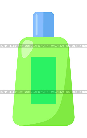 Plastic green cartoon bottle with a blue cylindrical cap, rounded container flat silhouette. Chemical liquid, or safe home cleaning product. Cleaning agent, mopping, sweeping. Flat vector image. Plastic green container with blue lid, liquid cleaning agent. Tidy house, house cleaning, mopping. Стоковая иллюстрация, агентство Ingram Publishing / Фотобанк Лори