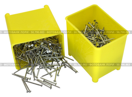 Пластмассовые коробки с гвоздями. Box with nails over white background. Стоковое фото, фотограф Татьяна Д / Фотобанк Лори