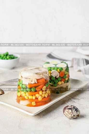 Plate with tasty aspic on table. Стоковое фото, фотограф Pixel_shot / Фотобанк Лори