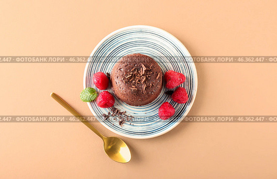 Plate with tasty lava cake fondant and raspberry on color background. Стоковое фото, фотограф Pixel_shot / Фотобанк Лори