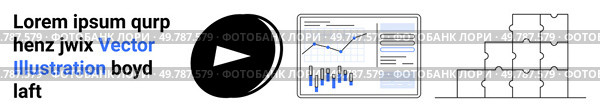 Play button, text, data charts, and puzzle elements. Ideal for business analysis, data visualization, mentorship, strategic planning, growth, solving problems, digital marketing Landing page. Data Analysis and Business Growth Elements with Charts, Graphs, and Puzzle Concept. Стоковая иллюстрация, агентство Ingram Publishing / Фотобанк Лори