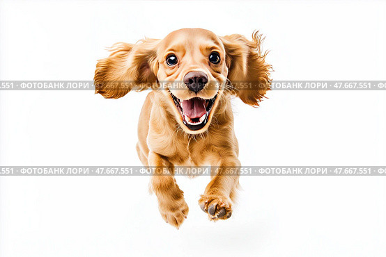 Playful golden retriever puppy jumps with joy indoors during daylight. Игривый щенок золотистого ретривера прыгает от радости в помещении при дневном свете. Стоковое AI-изображение, AI-художник Katsiaryna Repich / Фотобанк Лори