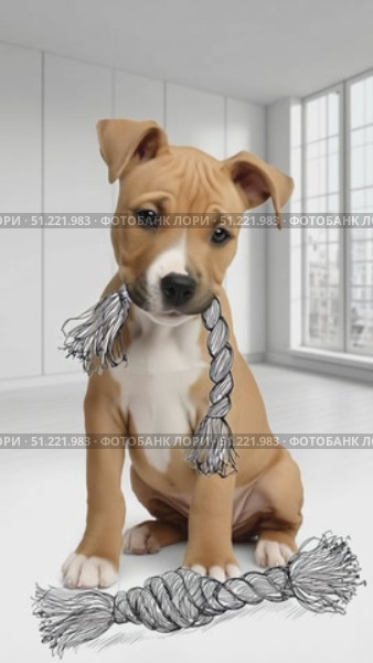 Playful puppy resting on white floor, gripping sketched rope toy, relaxing in bright, airy minimalist space flooded with natural sunlight. Стоковое AI-видео, аниматор Юрий Поздников / Фотобанк Лори