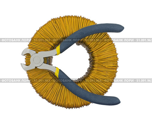 Плоскогубцы и торроидальный трансформатор на белом фоне. Pliers and a toroidal transformer on a white background. Стоковое фото, фотограф Татьяна Д / Фотобанк Лори