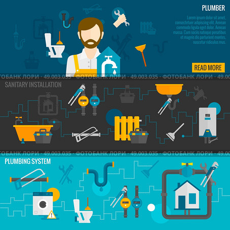 Plumber horizontal banner set with sanitary installation plumbing system elements isolated vector illustration. Plumber Banner Set. Стоковая иллюстрация, агентство Ingram Publishing / Фотобанк Лори