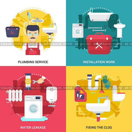 Plumbing Service 4 Flat Icons Square . Clogged drains cleaning and installations plumbing service concept  4 flat icons square design abstract isolated vector illustration . Стоковая иллюстрация, агентство Ingram Publishing / Фотобанк Лори