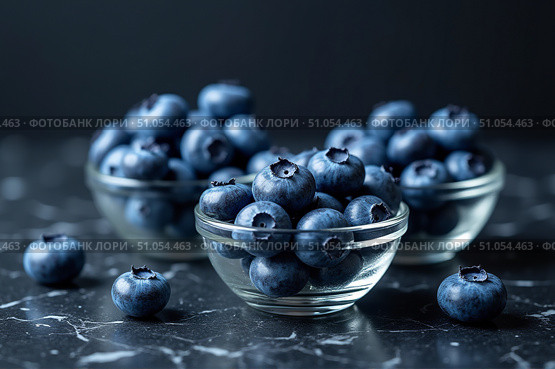Plump blueberries are beautifully arranged in three glass bowls atop a dark marble countertop, showcasing their vibrant color and inviting texture. Perfect for snacking or baking. Стоковое AI-изображение, AI-художник Ольга Игнашина / Фотобанк Лори