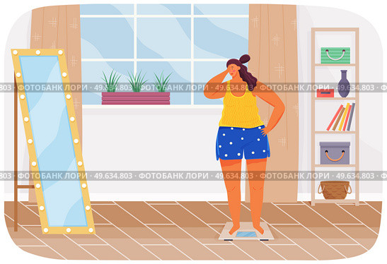 Plump woman stands on scales in living room at home and take care of health. Woman unhappy with her reflection in mirror. Lady began to engage in her body. Overweight girl wants to be healthy, slim. Plump unhappy woman stands on scales opposite mirror in living room at home and take care of health. Стоковая иллюстрация, агентство Ingram Publishing / Фотобанк Лори