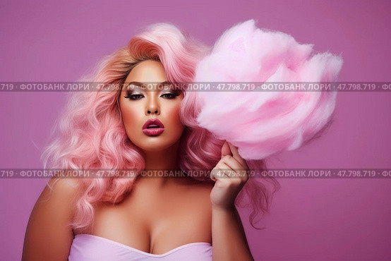 Plus size fashion model with creative makeup and hairstyle enjoying cotton candy against a purple background. Стоковое AI-изображение, AI-художник Станислав Тарко / Фотобанк Лори
