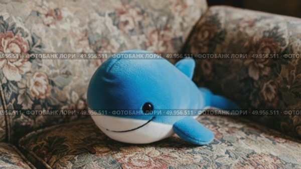 Plush blue whale toy resting on floral sofa in cozy living room. Стоковое AI-видео, аниматор KATERINA AI / Фотобанк Лори