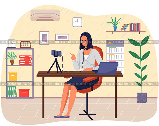 Podcaster woman character in office room interior. Girl listening audio podcast and speaking at live streaming use smartphone and laptop on her vlog. Podcaster making, blogger, technology concept. Podcaster woman character in office room interior. Girl listening audio podcast. Стоковая иллюстрация, агентство Ingram Publishing / Фотобанк Лори