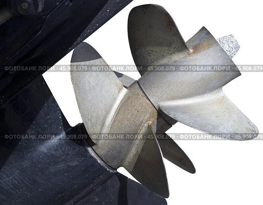 Подвесной лодочный мотор с гребным винтом на белом фоне. Outboard boat motor with propeller on white background. Стоковое фото, фотограф Татьяна Д / Фотобанк Лори