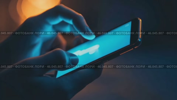 Point finger on screen phone closeup, person testing test message, touch blue screen on smartphone. Night Bokeh Light. Close-UP. Person using in hands mobile phone close up in the dark. Online wi-fi. Стоковое AI-видео, аниматор Марина Демидюк / Фотобанк Лори