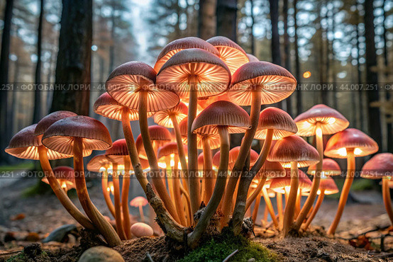 Poisonous mushrooms. Toadstools. Hallucinogenic mushrooms. Glowing mushrooms. An image to illustrate themes related to nature, fantasy, fairy tales and magic. Стоковое AI-изображение, AI-художник Photojuli / Фотобанк Лори