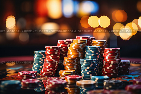 Poker chips, playing cards, gambling, four tokens with card signs of diamond, heart, spade and club on casino background. Online casinos and mobile gambling applications, poker - winner concept. Стоковое AI-изображение, AI-художник Ирина Михайличенко / Фотобанк Лори