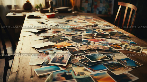 polaroid photos on table ai generated. Стоковое AI-изображение, AI-художник Vectorwin / Фотобанк Лори