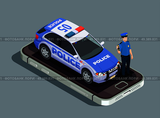 Police isometric concept with officer car and phone symbols vector illustration. Police Isometric Concept. Стоковая иллюстрация, агентство Ingram Publishing / Фотобанк Лори