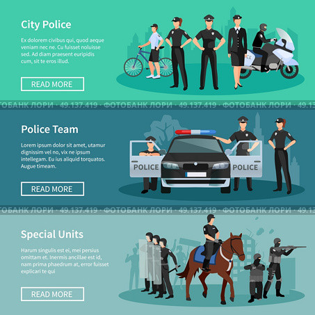 Police People Flat Banners. Police people flat horizontal banners set of special units mounted police city police and police team with official vehicles vector illustration . Стоковая иллюстрация, агентство Ingram Publishing / Фотобанк Лори