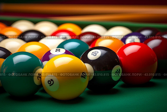 Polished Many colorful billiard balls and cue. Generate Ai. Стоковое AI-изображение, AI-художник Иван Рябоконь / Фотобанк Лори