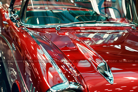 Polished red vintage convertible car gleaming under showroom lights. Стоковое AI-изображение, AI-художник Иван Рябоконь / Фотобанк Лори