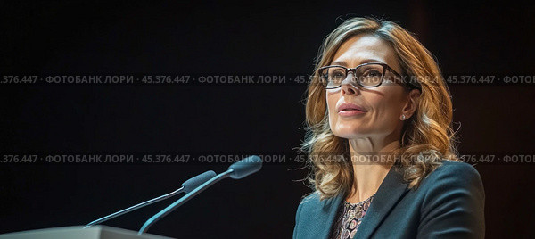 Politician giving speech at press conference behind lectern. Стоковое AI-изображение, AI-художник Юрий Поздников / Фотобанк Лори