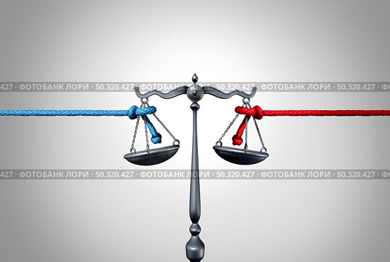Politics and law or political legislation fight as a left and right leaning rope in a tug of war struggling to win social ideology justice representing judicial and constitutional laws with 3D illustration elements. Стоковое фото, агентство Ingram Publishing / Фотобанк Лори