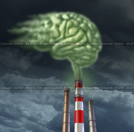 Pollution solutions with a group of refinery smoke stacks releasing toxic green fumes in the shape of a human brain as a health care concept for environmental contamination and air quality control. Стоковое фото, агентство Ingram Publishing / Фотобанк Лори