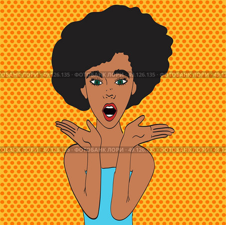 Pop art young woman's face with an open mouth and big bulging eyes. black woman surprised retro woman in comic style. Vector illustration. Стоковая иллюстрация, агентство Ingram Publishing / Фотобанк Лори