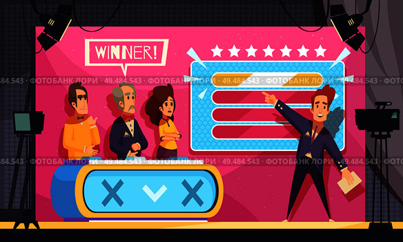 Popular tv guess word game television show final moment cartoon composition with host contestants winner vector illustration. Стоковая иллюстрация, агентство Ingram Publishing / Фотобанк Лори