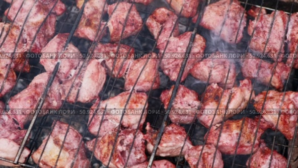 Pork Butt sliced on BBQ. Shish kebab. Pieces of pork on the grid, grilled meat with smoke. Food preparation process. Marinated spiced fillet meat cooked on charcoal barbeque grill. Outdoors cooking. Стоковое видео, видеограф Марина Демидюк / Фотобанк Лори