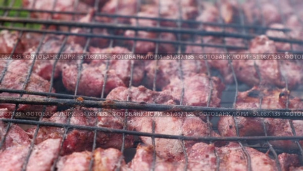 Pork Butt sliced on BBQ. Shish kebab. Pieces of pork on the grid, grilled meat with smoke. Food preparation process. Marinated spiced fillet meat cooked on charcoal barbeque grill. Outdoors cooking. Стоковое видео, видеограф Марина Демидюк / Фотобанк Лори