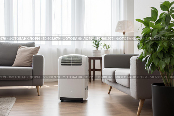 Portable dehumidifier purifying air in living room with modern interior. Стоковое AI-изображение, AI-художник Иван Рябоконь / Фотобанк Лори
