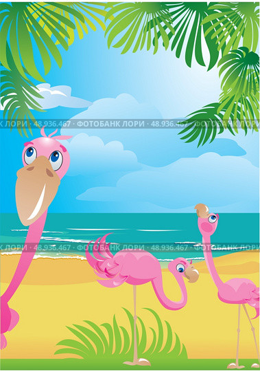 Portrait border with flamingos on beautiful tropical beach. Стоковая иллюстрация, агентство Ingram Publishing / Фотобанк Лори