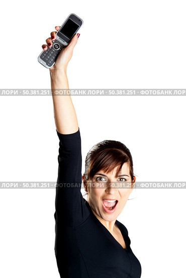Portrait of a beautiful and happy young woman holding a cell phone. Стоковое фото, агентство Ingram Publishing / Фотобанк Лори