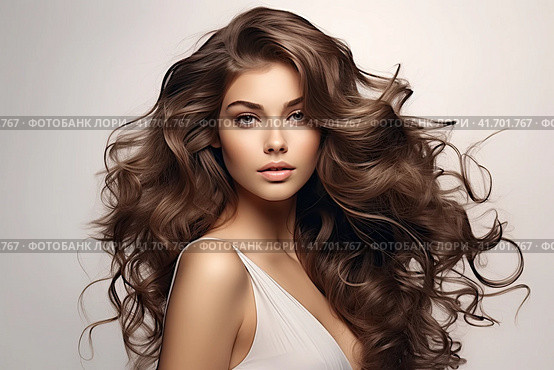 Portrait of a beautiful brunette with long wavy hair on a dark background. Generated by AI. Стоковое AI-изображение, AI-художник Ярославский Максим / Фотобанк Лори