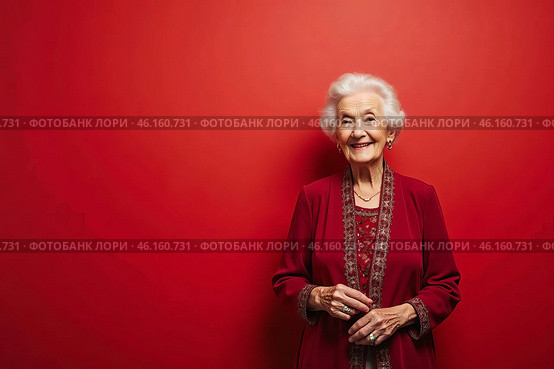 Portrait of a beautiful elderly woman in light clothes, smiling. A place for text, a banner for advertising. Стоковое AI-изображение, AI-художник ketpro.design / Фотобанк Лори