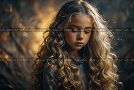Portrait of a beautiful little blonde girl with long wavy hair and a thoughtful look. The hair develops and creates a feeling of lightness and naturalness. Стоковое AI-изображение, AI-художник Photojuli / Фотобанк Лори