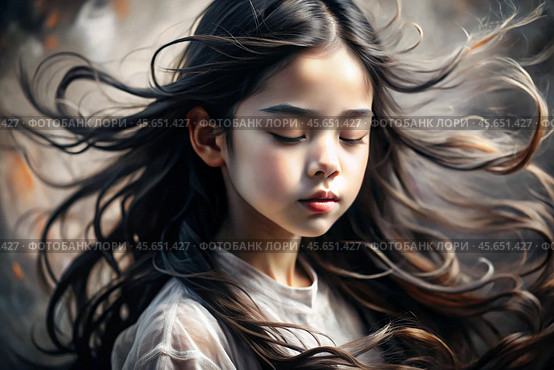 Portrait of a beautiful little brunette girl with long wavy hair and a thoughtful look. The hair develops and creates a feeling of lightness and naturalness. Стоковое AI-изображение, AI-художник Photojuli / Фотобанк Лори