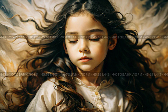 Portrait of a beautiful little brunette girl with long wavy hair and a thoughtful look. The hair develops and creates a feeling of lightness and naturalness. Стоковое AI-изображение, AI-художник Photojuli / Фотобанк Лори